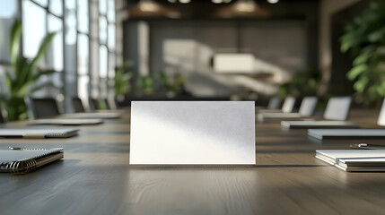 Blank name card on a conference table in a modern office environment.