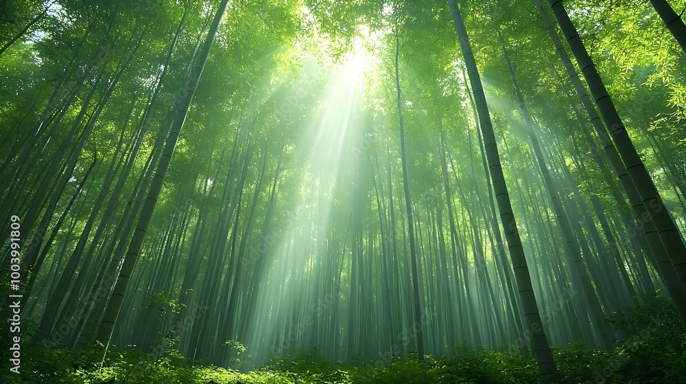 Aufkleber serene bamboo forest with sunlight streaming through tall stalks creating a peaceful and natural atm