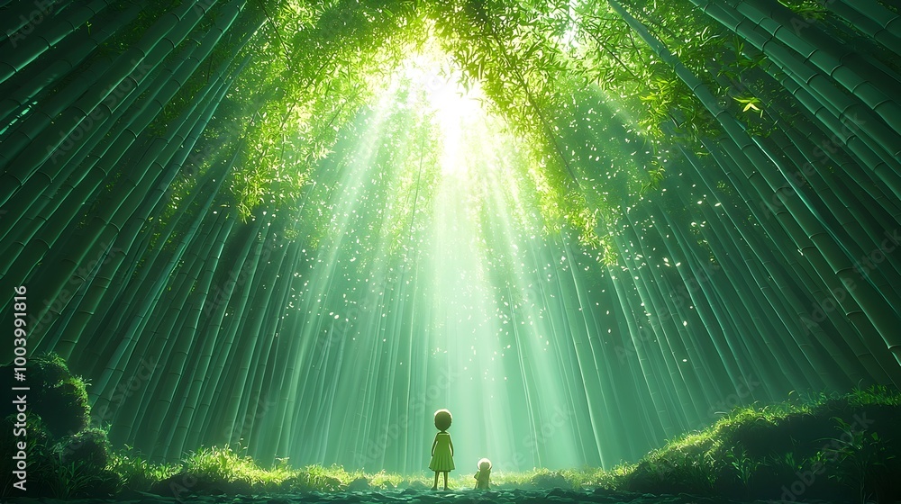 Poster serene bamboo grove with captivating sunlight streaming through lush verdant foliage creating a tran