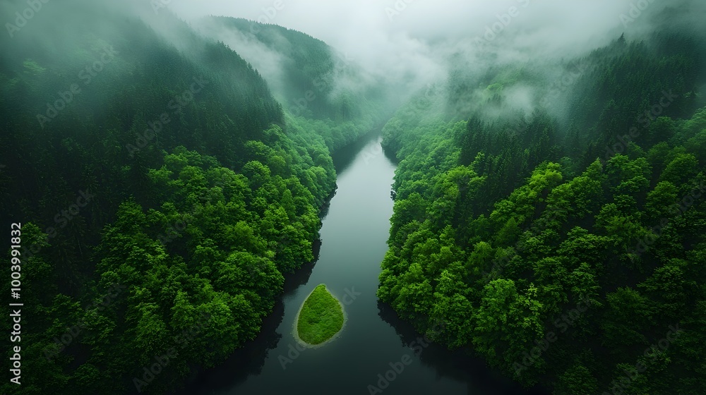Aufkleber serene misty river winding its way through a dense lush forest landscape the tranquil water reflects