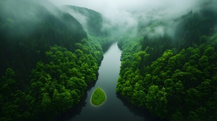 Serene misty river winding its way through a dense lush forest landscape  The tranquil water reflects the surrounding greenery creating a peaceful and captivating scene