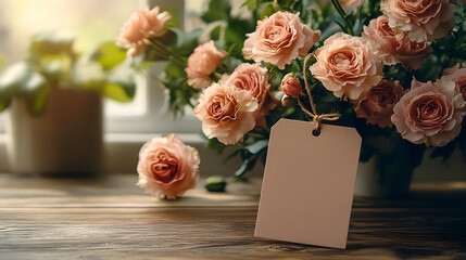 Obraz premium Delicate pink roses in a rustic setting, with a blank tag for customization.