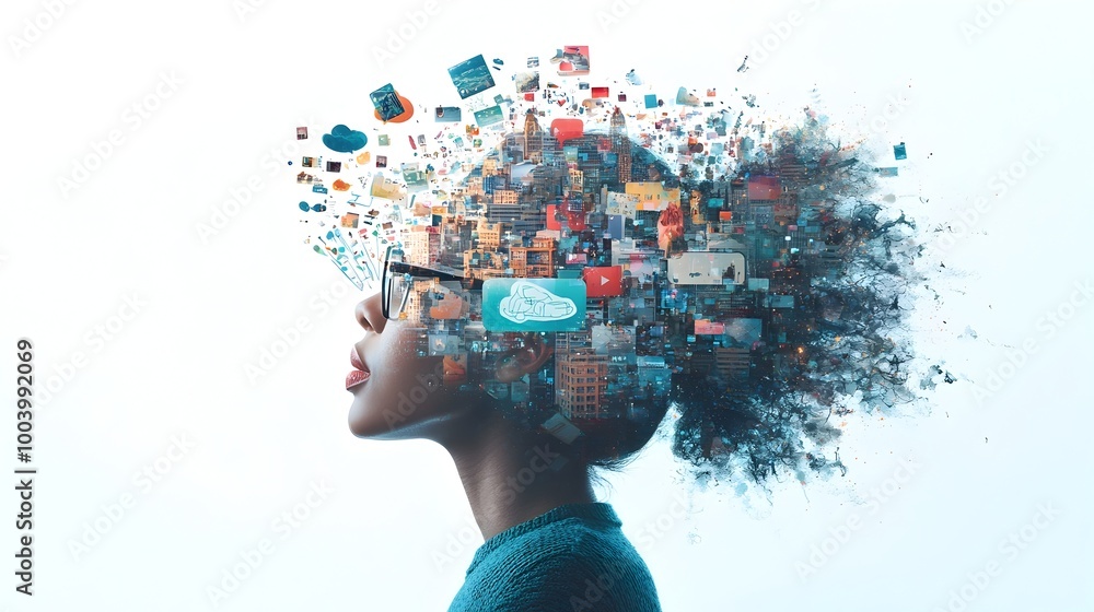Poster silhouette of a person s head with a burst of ideas posts and rays of light emerging symbolizing cre
