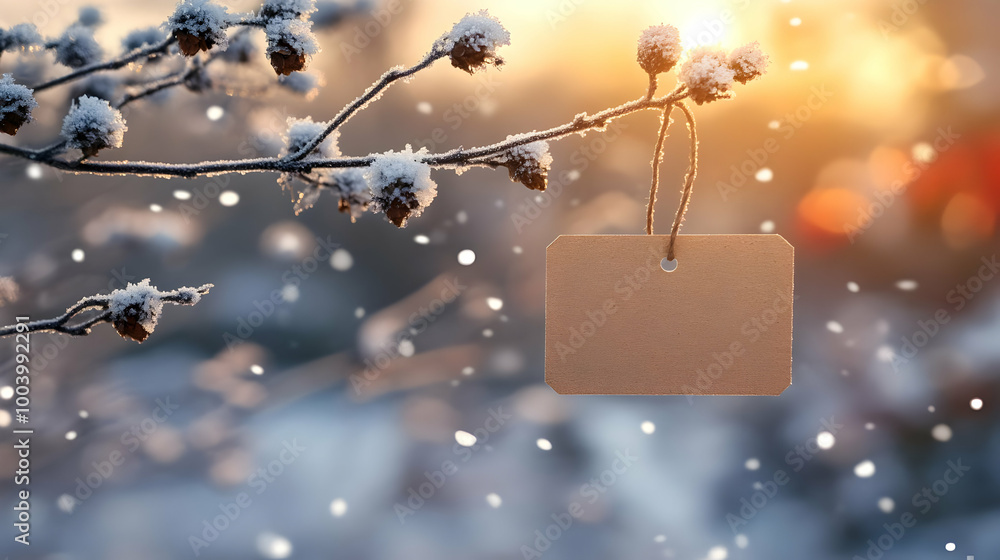 Poster a snow-covered branch with a blank tag, illuminated by soft sunlight, creating a serene winter atmos