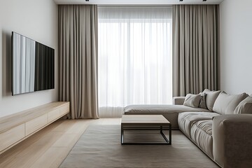 Minimalist Living Room with Sofa, Wood Coffee Table, and Rug