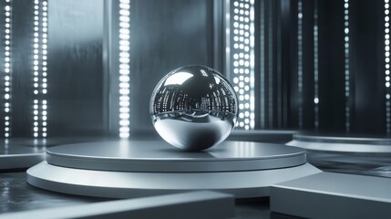 Spherical Silver Metal Podium Set Against a Futuristic Digital Background