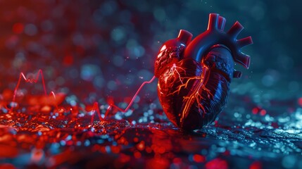 Human heart with an EKG pulse line on the ground, medical concept background, red and blue colors