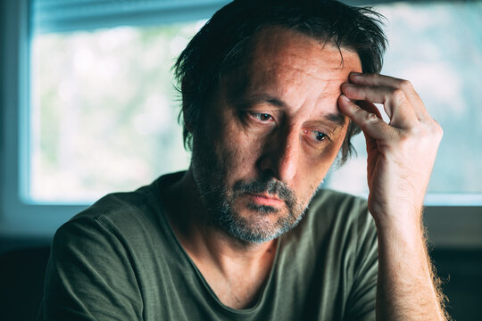 Portrait of aimless unmotivated mature adult male rethinking