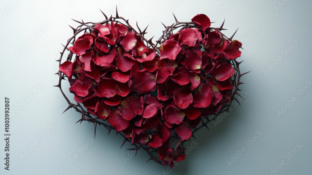Poster a heart shape is formed by red rose petals arranged inside a circle of thorns. the background is a l