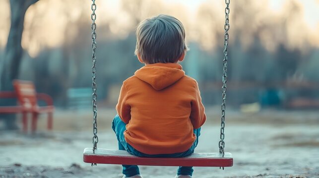 Solitary child sitting alone on a swing in a serene dusky park with a distant longing look that symbolizes emotional isolation and a sense of abandonment  The shadowy figure and the tranquil - Powered by Adobe