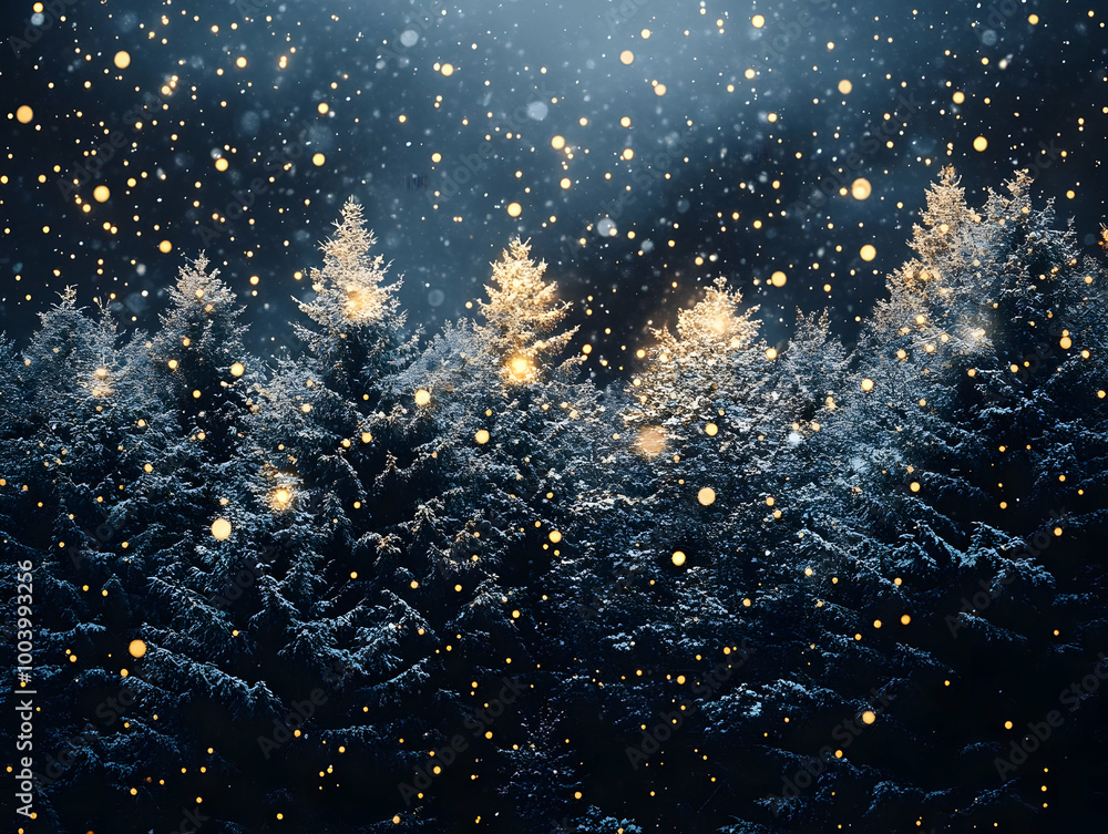 Poster enchanting winter forest illuminated by shimmering lights and falling snowflakes, creating a magical