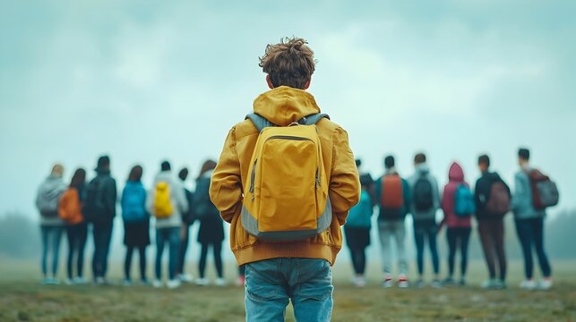 Solitary teenage figure walking away from a group of friends with one arm hugging their own body in a defensive self protective stance conveying feelings of rejection isolation and social discomfort