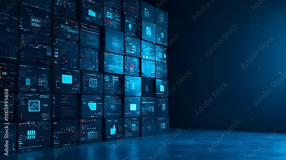 Aufkleber Stacked cube digital mosaic wall displaying snippets of social media posts and chats forming an abstract and geometric digital collage pattern  Conceptual background representing technology