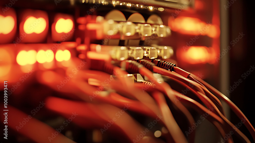Aufkleber close-up of red network cables plugged into a server rack with glowing lights.