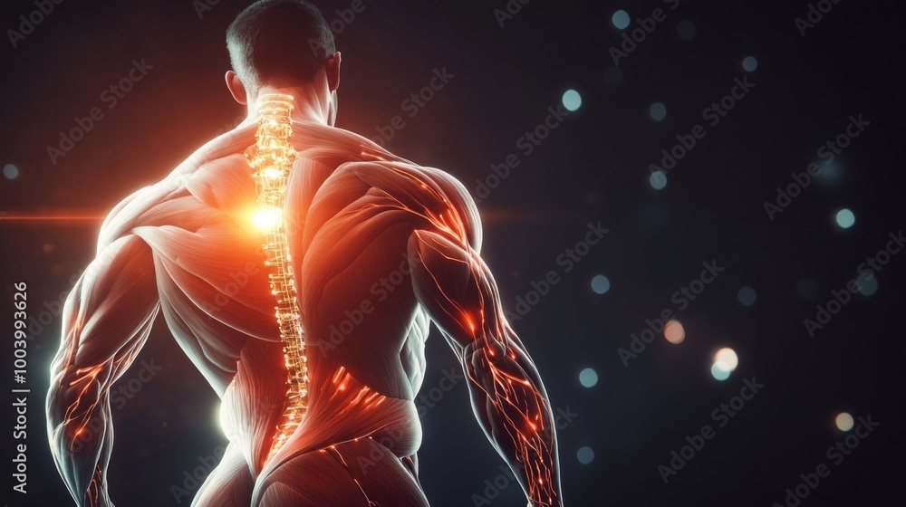 Poster a muscular figure is depicted from the back, showcasing an illuminated spine that radiates light. th