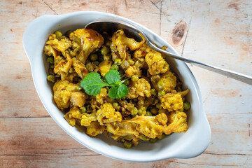 Indian style home cooked spicy cauliflower vegetable. Ghobhi sabzi. Curried cauliflower.. Top view.