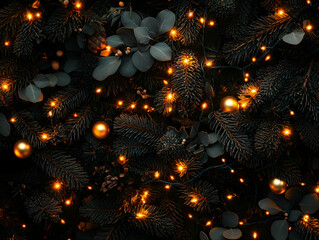 Close-up of festive evergreen branches adorned with warm golden lights, creating a cozy and magical atmosphere.