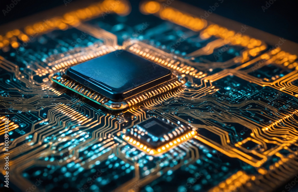 Poster close up of computer circuit board glowing