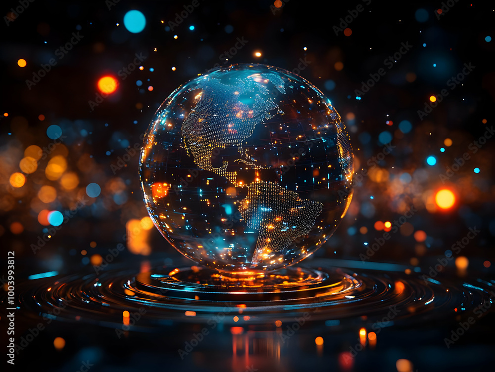 Poster a glowing globe surrounded by colorful particles, symbolizing global connection and technology in a 