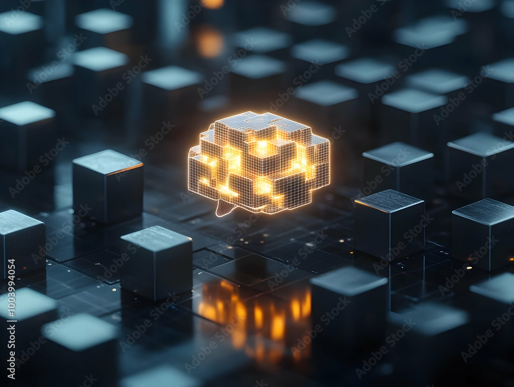 Poster futuristic digital representation of artificial intelligence in a cube format glowing in a dark envi