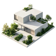 Fototapeta premium Minimal Exterior with Smooth Concrete Walls and Simple Landscaping, Isolated on White Background