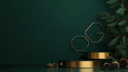 Gold hexagonal metal podium in art deco style against deep green Christmas backdrop