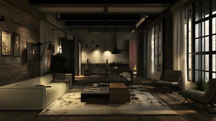 Living room interior in loft, industrial style, 3d render. 
