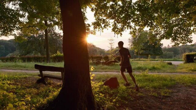 Man running in nature at sunset stops at a bench to do some stretching. Gorgeous landscape or park with backlit trees and view to the setting sun
