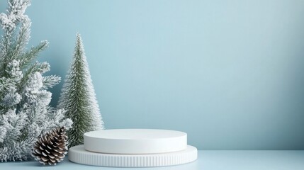 White oval ceramic podium with Scandinavian design against pastel blue Christmas background