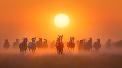 Stunning Silhouettes of a Herd of Wild Horses Galloping Across a Serene Grassy Plain Backdrop by a Vibrant Sunset Sky