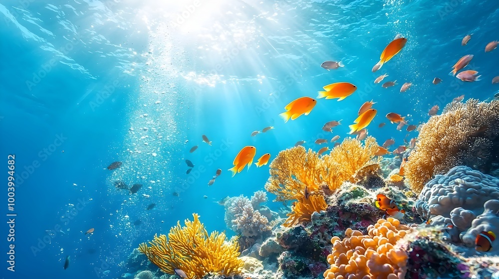 Aufkleber Stunning underwater scene of a vibrant coral reef system teeming with a diverse array of colorful fish and other captivating marine life in a lush thriving aquatic ecosystem