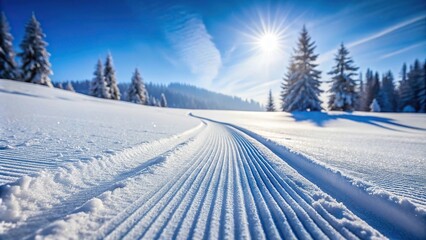 Winter landscape with snowboard track in fresh powder snow abstract background with depth of field