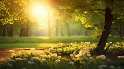 Obraz premium Springtime idyll nature background with beautiful sunbeams