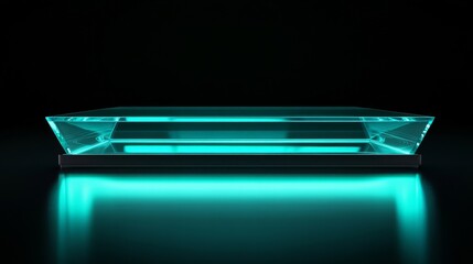 Futuristic turquoise glass trapezoid podium set on a sleek black holiday background