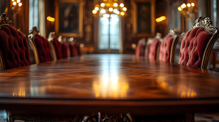 Naklejka premium Elegant wooden conference table in a luxurious meeting room with red upholstered chairs and ornate chandeliers.
