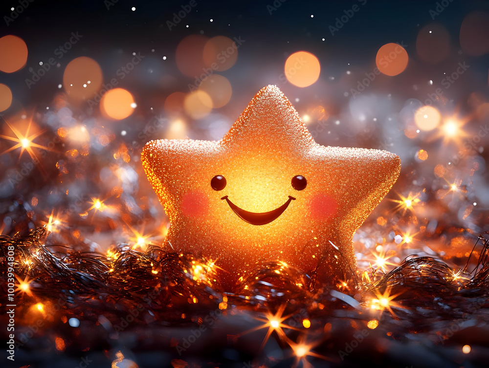Poster a joyful star with a smiling face, surrounded by sparkling lights, creating a whimsical and festive 
