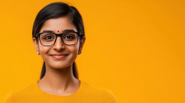 Confident Young Indian Woman with Glasses on Yellow Background