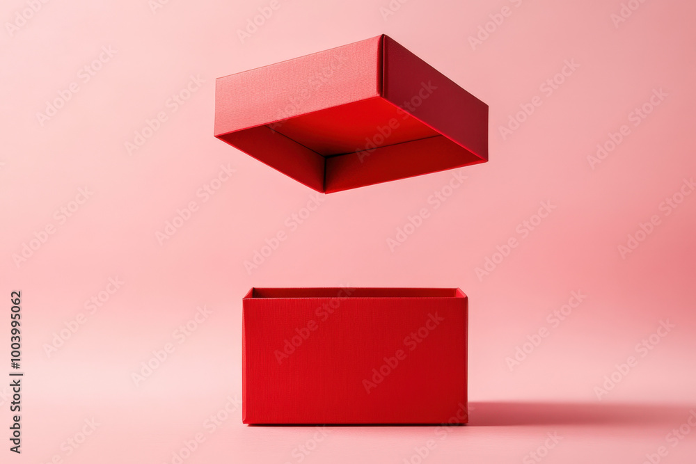 Poster red open gift box is floating over an empty box on a pink background
