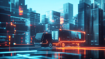 A futuristic semi-truck drives through a glowing city at night with neon lights and a digital effect.