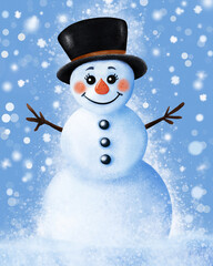 A cute smiling snowman with a black top hat, a happy winter day, a Christmas card  
