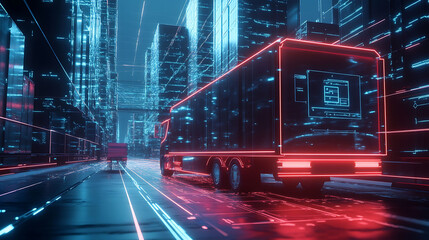Fototapeta premium A futuristic truck with neon lights driving through a city of skyscrapers, representing the future of delivery and transportation.
