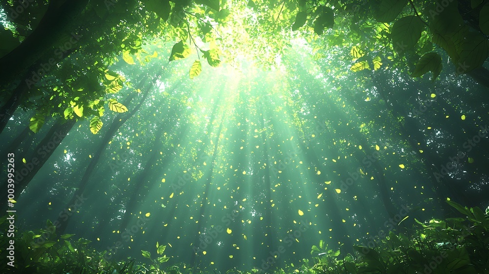 Aufkleber stunning view of a vibrant lush tropical rainforest canopy with sunlight streaming through the verda