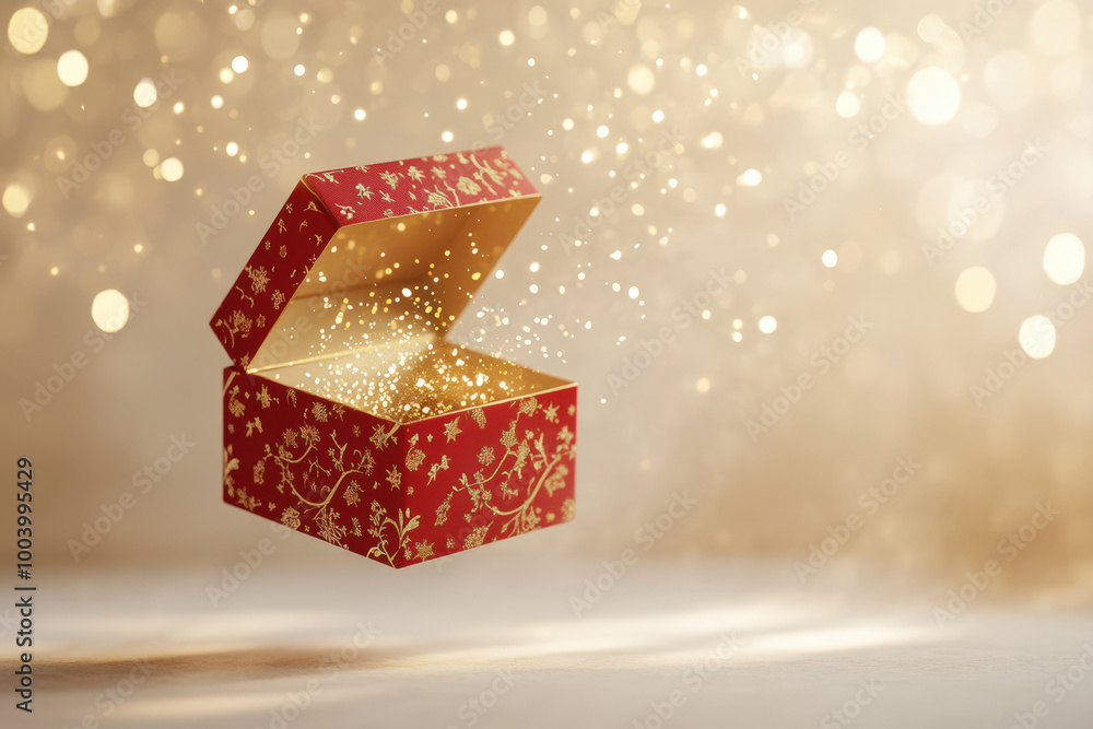 Poster opened red gift box floating and opening with golden sparkles coming out on a gold bokeh background