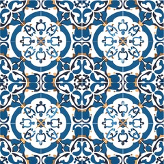 Blue and White Floral Tile Mosaic Pattern.