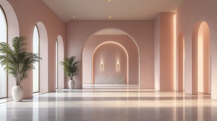 Fototapeta premium A spacious pink room with arched doorways and tall windows.