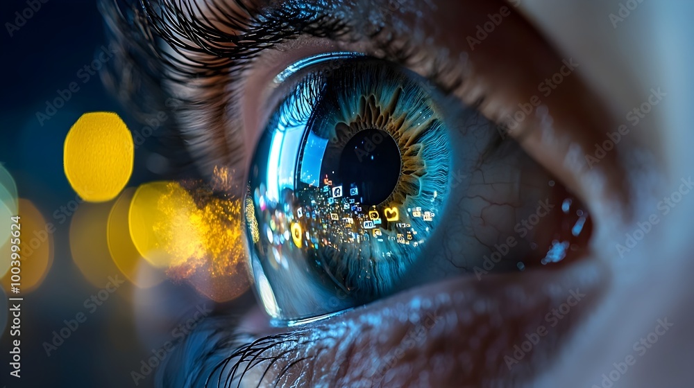 Poster Symbolic Image of a Hand Holding a Mobile Phone with Reflections of Social Media Likes and Comments Visible in the Eye Representing the Attention and Influence of Digital Platforms