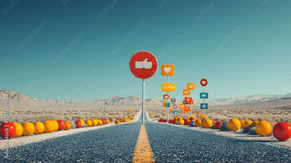 Poster Surreal abstract road leading into the distance lined with signs displaying likes comments and shares as a metaphorical representation of social media data and digital interactions
