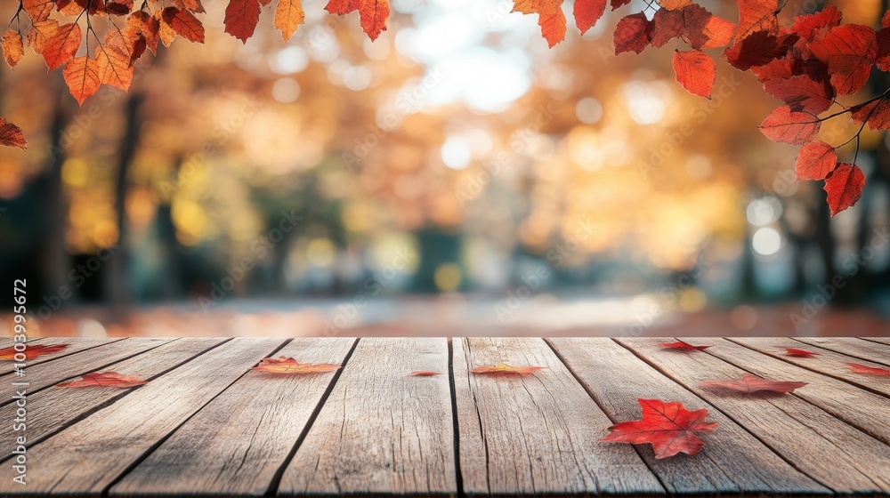 Poster empty wood table with blurred autumn leaves background