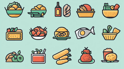An array of food icons showcasing different cuisines and dishes, perfect for food blogs and culinary projects.