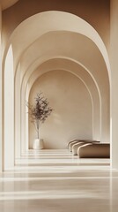 A modern minimalist hallway with arched entrances.